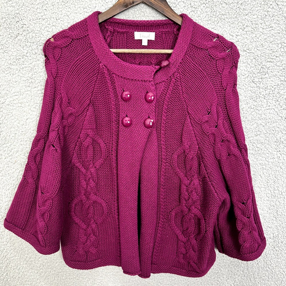Fossil Cardigan Sweater Womens‎ Large Purple Fisherman Cable Knit Cozy Preppy